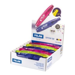 Milan Acid Présentoir avec 12 Rubans Correcteurs à Bouton-Poussoir 5mm x 6m - Couleurs Assorties