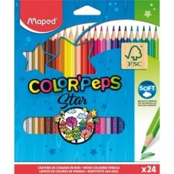 Maped Color'Peps Star Pack de 24 Crayons de Couleur Triangulaires - Mine Tendre - Bois Certifié FSC - Couleurs Assorties