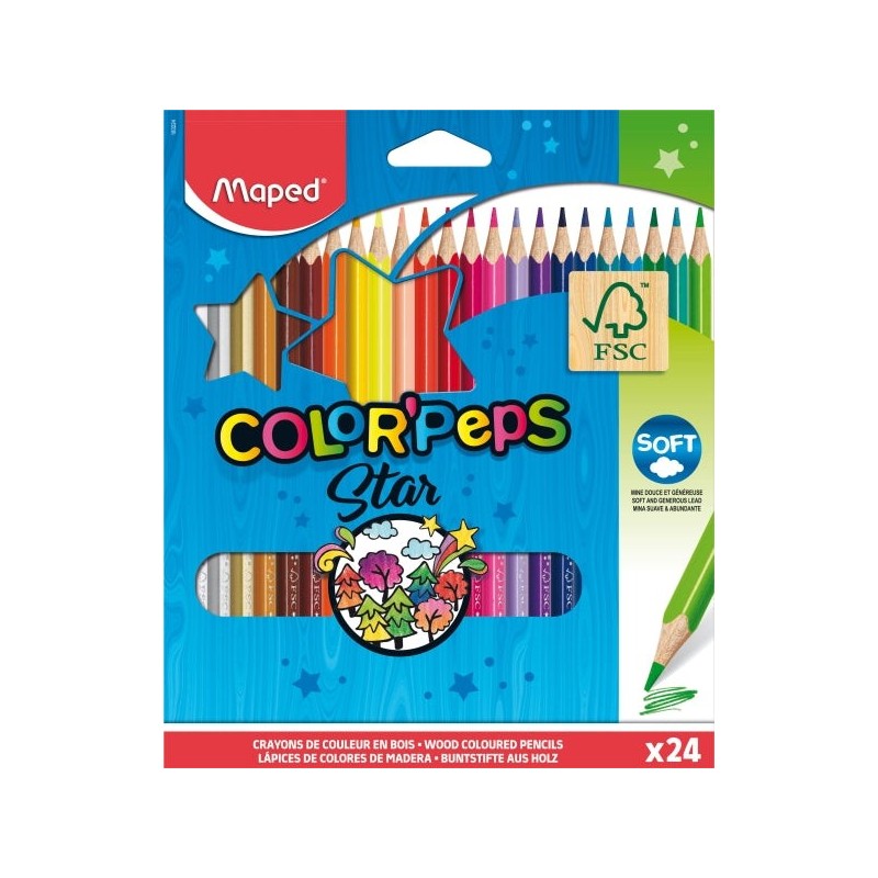Maped Color'Peps Star Pack de 24 Crayons de Couleur Triangulaires - Mine Tendre - Bois Certifié FSC - Couleurs Assorties