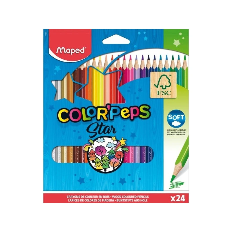 Maped Color'Peps Star Pack de 24 Crayons de Couleur Triangulaires - Mine Tendre - Bois Certifié FSC - Couleurs Assorties