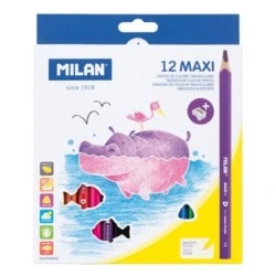 Milan Maxi Pack of 12 Colouring Pencils - Sharpener Included - Hexagonal - Assorted Colours