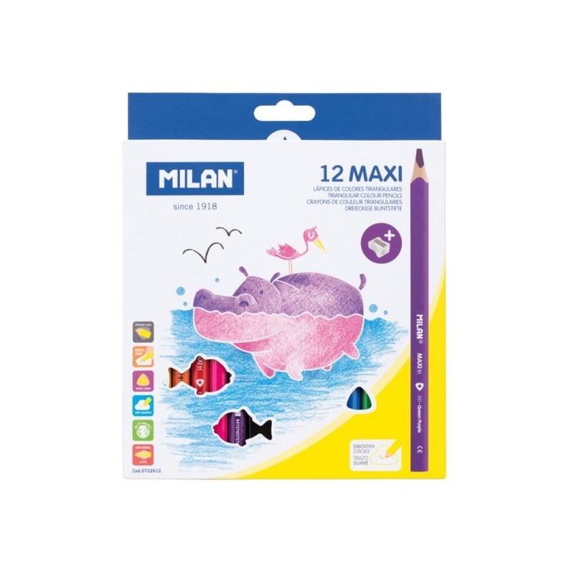Milan Maxi Pack de 12 Crayons de Couleur - Inclut Taille-Crayon - Hexagonaux - Couleurs Assorties