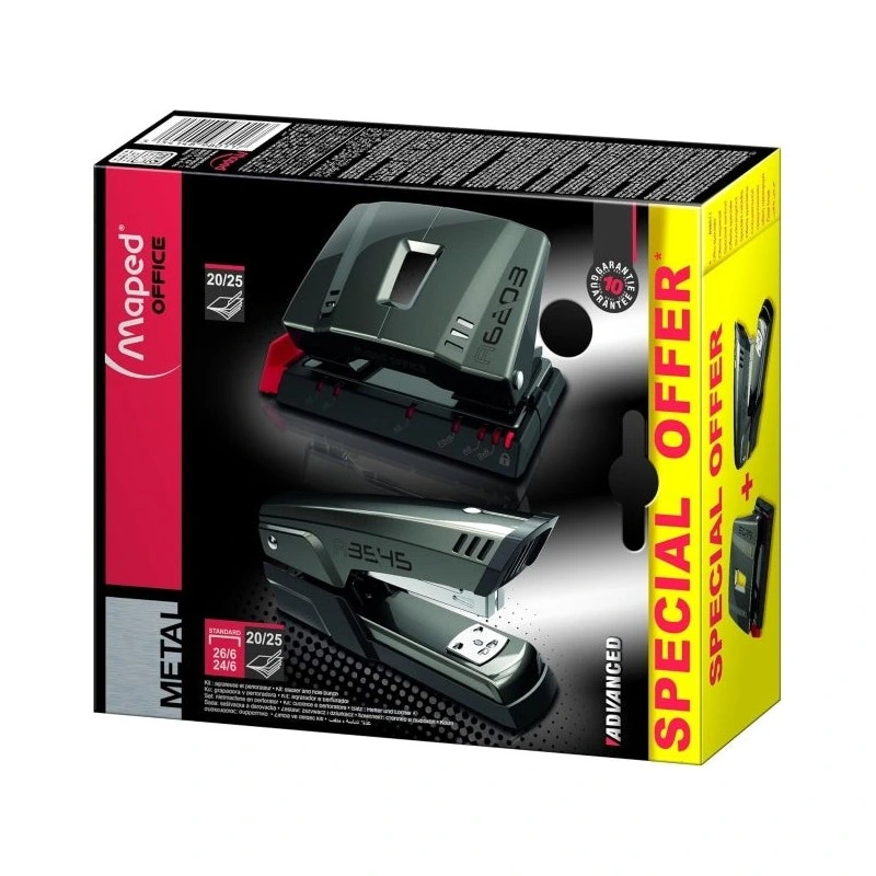 Maped Pack de Grapadora Metalica A3545 + Taladro Metalico A6203 - Grapa hasta 25 Hojas a la Vez - Admite Grapas 24/6 y 26/6
