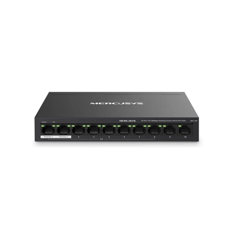 Mercusys Switch 10 Ports RJ45 10/100Mbps - 8 Ports PoE - Longue Portée jusqu'à 250m en Mode Étendu - Boîtier en Métal