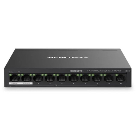 Mercusys Switch 10 Ports RJ45 10/100Mbps - 8 Ports PoE - Longue Portée jusqu'à 250m en Mode Étendu - Boîtier en Métal