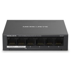Mercusys Switch 6 Puertos RJ45 10/100Mbps - 4 Puertos PoE - Largo Alcance hasta 250m en Modo Extendido - Carcasa de Metal