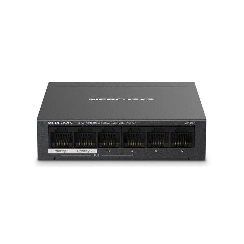 Mercusys Switch 6 Puertos RJ45 10/100Mbps - 4 Puertos PoE - Largo Alcance hasta 250m en Modo Extendido - Carcasa de Metal