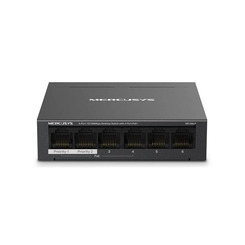 Mercusys Switch 6 Puertos RJ45 10/100Mbps - 4 Puertos PoE - Largo Alcance hasta 250m en Modo Extendido - Carcasa de Metal
