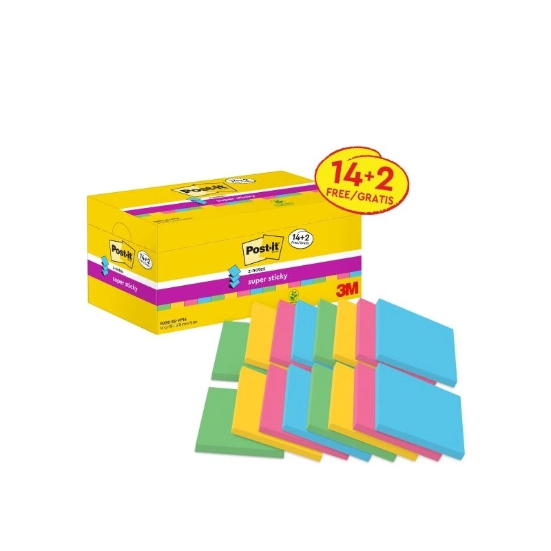 Post-It Super Sticky Pack de 16 Blocos de 90 Notas Autocolantes Reposicionáveis - Forma Quadrada - 76x76mm - em Zig-Zag - Cores