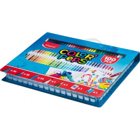 Maped Color'Peps Pack of 100 Colouring Pieces - 36 Markers, 36 Pencils, 24 Crayons, 1 Brush Tip Marker, 1 Graphite Pencil, 1