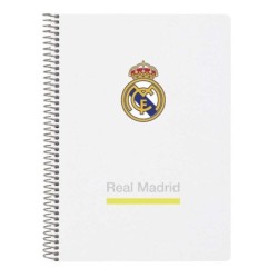 Safta Real Madrid Cahier à Spirale - Couverture Rigide - 80 Feuilles A4 Quadrillées 4X4mm - Format Quart - 15.5x22x1cm - Couleur