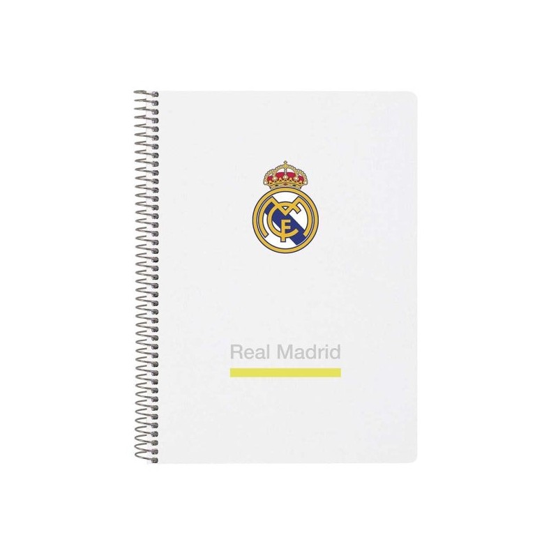 Safta Real Madrid Cuaderno Espiral - Tapas Duras - 80 Hojas A4 con Cuadriculada 4X4mm - Formato Cuarto - 15.5x22x1cm - Color