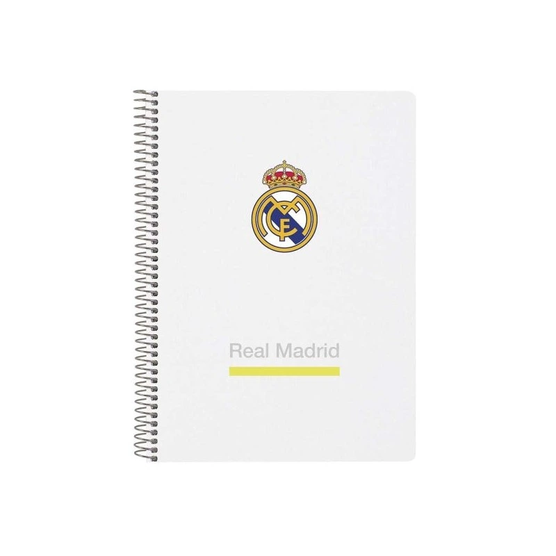 Safta Real Madrid Cuaderno Espiral - Tapas Duras - 80 Hojas A4 con Cuadriculada 4X4mm - Formato Cuarto - 15.5x22x1cm - Color
