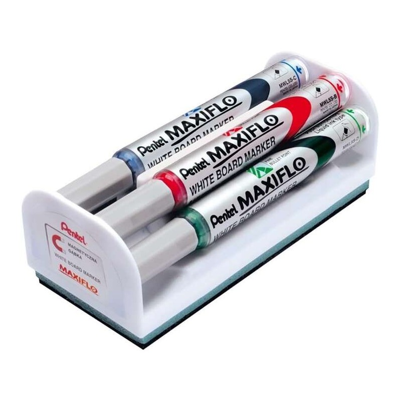 Pentel Maxiflo Pack de 4 Rotuladores para Pizarra Blanca + Borrador Magnetico - Punta de Bala - Ancho de Linea 2mm - Regulacion