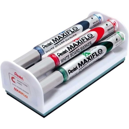 Pentel Maxiflo Pack de 4 Rotuladores para Pizarra Blanca + Borrador Magnetico - Punta de Bala - Ancho de Linea 2mm - Regulacion