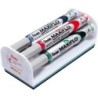 Pentel Maxiflo Pack de 4 Rotuladores para Pizarra Blanca + Borrador Magnetico - Punta de Bala - Ancho de Linea 2mm - Regulacion
