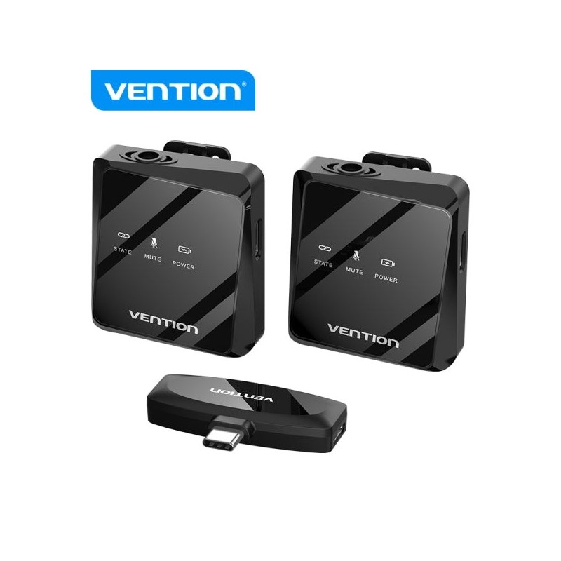 Vention Microfono Clip Inalambrico USB-C - Calidad de Audio 32 kHz - Latencia 20 ms - Bateria 26h - Rango 50m - Cancelacion de