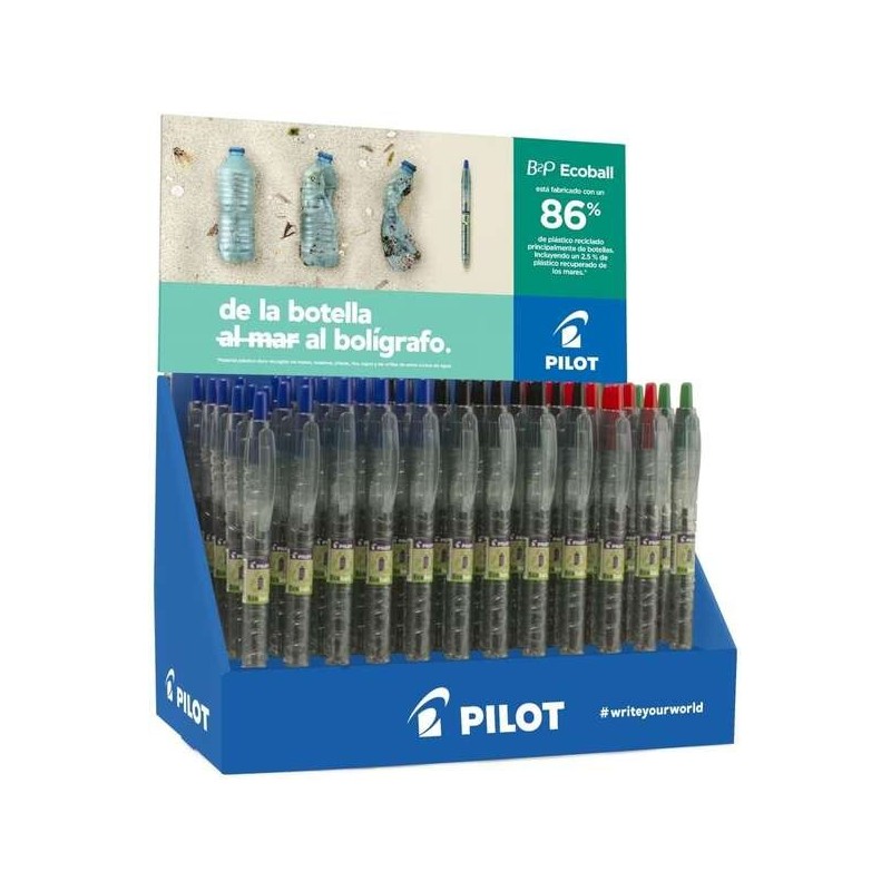 Pilot Expositor 60 Boligrafos de Bola Retractiles B2P Ecoball BeGreen + 10 B2P Gel BeGreen - 86,64% de Plastico Reciclado