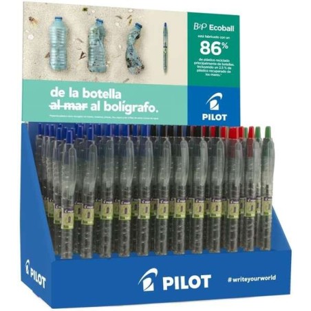 Pilot Expositor 60 Boligrafos de Bola Retractiles B2P Ecoball BeGreen + 10 B2P Gel BeGreen - 86,64% de Plastico Reciclado