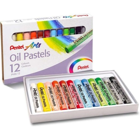Pentel Oil Pastels Pack de 12 Pastels à l'Huile - Souples, Crémeux et à Séchage Lent - Couleurs Assorties