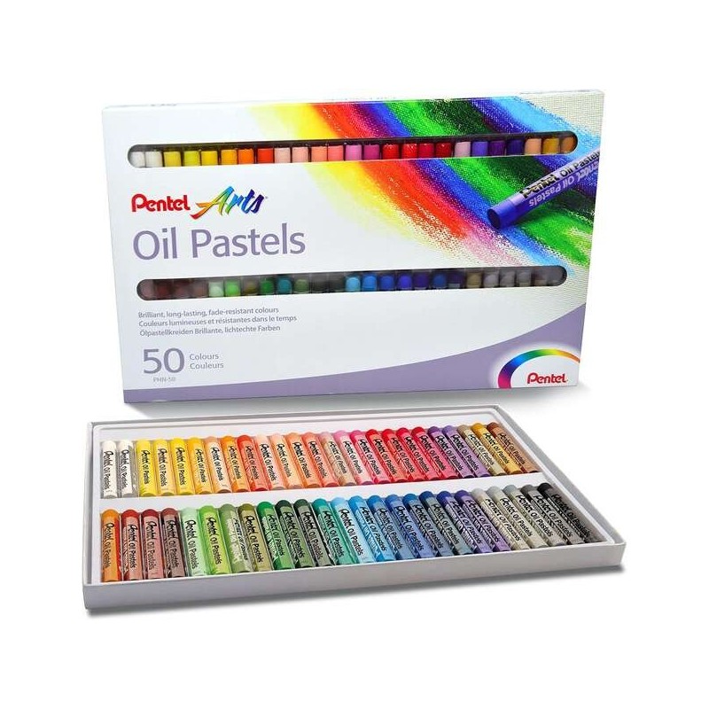 Pentel Oil Pastels Pack de 50 Pasteles Oleo - Blandos, Cremosos y de Secado Lento - Colores Surtidos