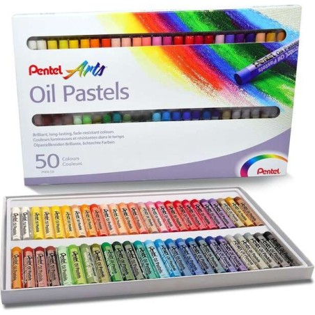 Pentel Oil Pastels Pack de 50 Pastels à l'Huile - Souples, Crémeux et à Séchage Lent - Couleurs Assorties