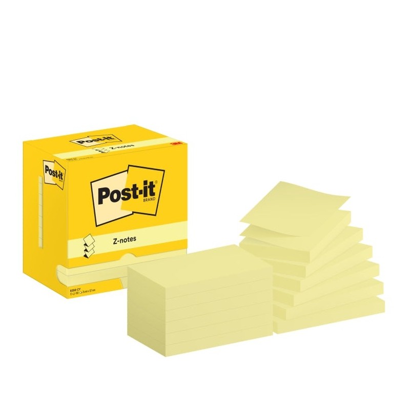 Post-It Pack de 12 Blocos de 100 Z-Notas Adesivas Reposicionáveis - Forma Retangular - 76x127mm - Cor Amarelo Claro