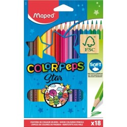 Maped Color´Peps Star Pack de 18 Lapices de Colores Triangulares - Mina Suave - Madera Certificada FSC - Colores Surtidos