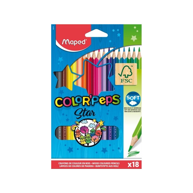 Maped Color´Peps Star Pack de 18 Lapices de Colores Triangulares - Mina Suave - Madera Certificada FSC - Colores Surtidos