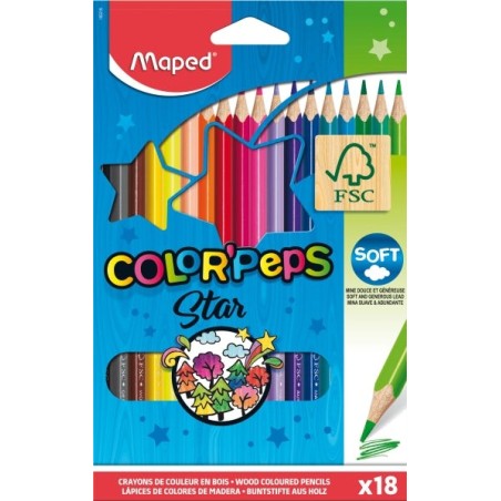 Maped Color´Peps Star Pack de 18 Lapices de Colores Triangulares - Mina Suave - Madera Certificada FSC - Colores Surtidos