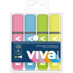 Molin Viva Pack de 4 Marqueurs Fluorescents - Trait entre 1 et 5mm - Encre à Base d'Eau - Couleurs Assorties
