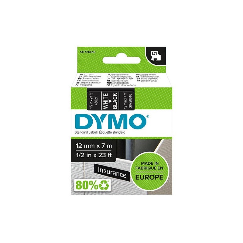 Dymo LM D1 45021 Cinta de Etiquetas Original para Rotuladora - Texto Blanco sobre Fondo Negro - Ancho 12mm x Largo 7m