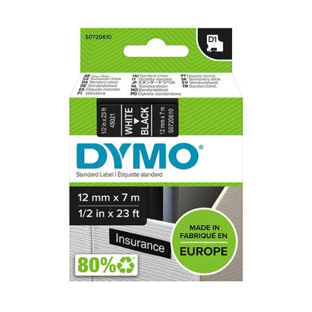 Dymo LM D1 45021 Cinta de Etiquetas Original para Rotuladora - Texto Blanco sobre Fondo Negro - Ancho 12mm x Largo 7m