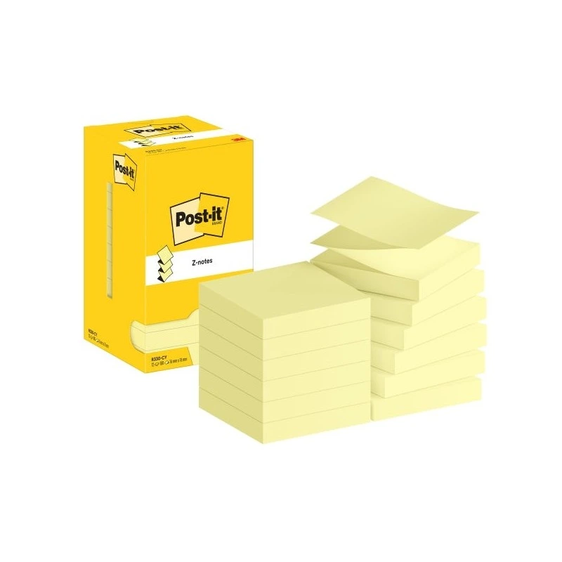 Post-It Pack of 12 Pads of 100 Repositionable Z-Notes 76x76mm - Square Shape - Dispenser Box - Yellow