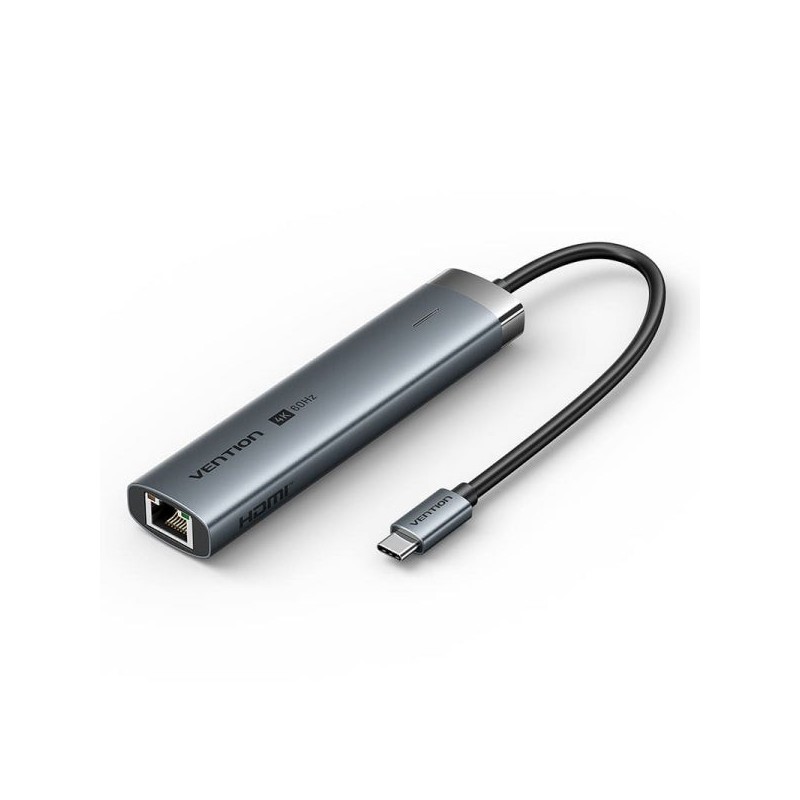 Vention Docking Station 6 en 1 USB-C a HDMI/3xUSB3.0/USB-C 3.2 G1/RJ45/PD 100W - 0.15m - Color Gris