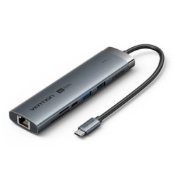 Vention Estacion de Docking 9 en 1 - Cable USB-C de 15cm Integrado - Ethernet RJ45 - HDMI 4K - 2xUSB-C - Tarjeta TF - SD