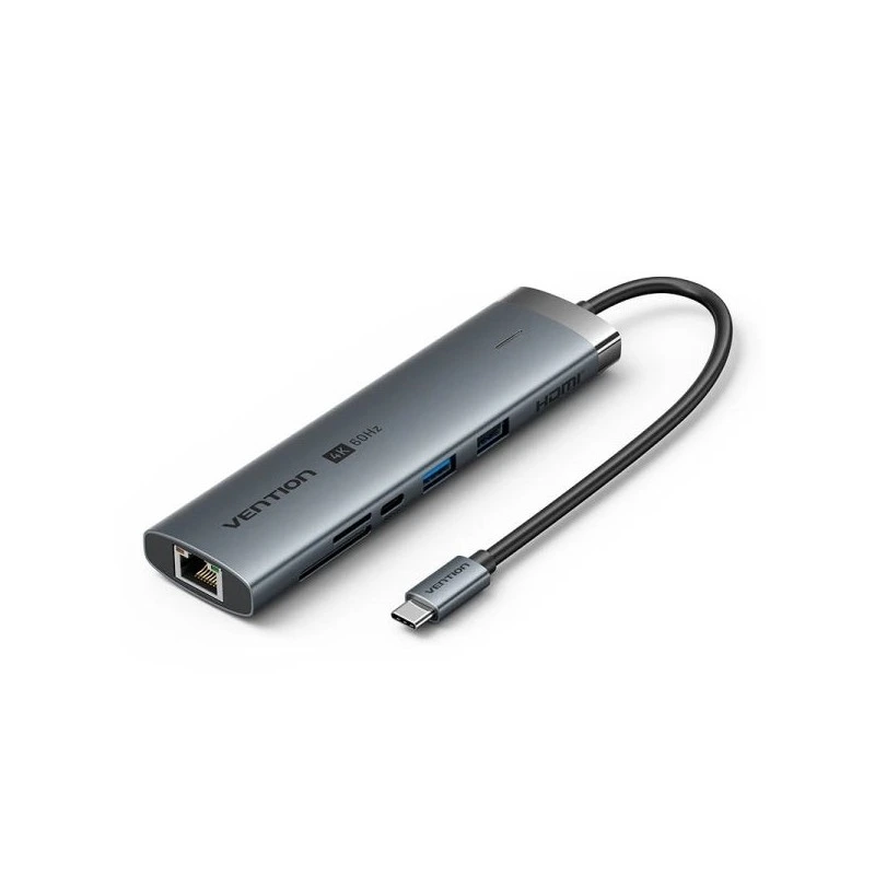 Vention Estacion de Docking 9 en 1 - Cable USB-C de 15cm Integrado - Ethernet RJ45 - HDMI 4K - 2xUSB-C - Tarjeta TF - SD