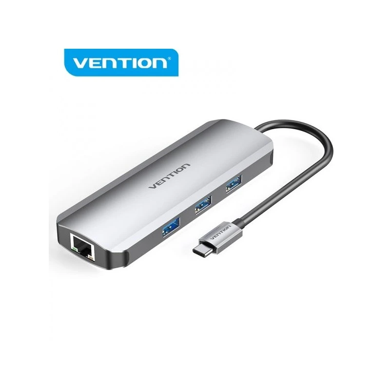 Vention Docking Station 8 en 1 USB-C a HDMI 4K/3xUSB 3.0/Lector SD/MicroSD/RJ45/PD 100W - 0.15m - Color Gris