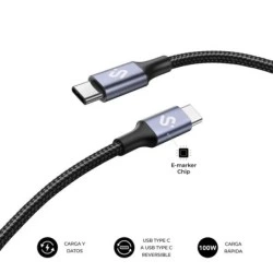 Subblim Plus USB-C Cable - 100W - Braided Nylon - 480Mbps - E-Marker Chip - 2 Metres - Black