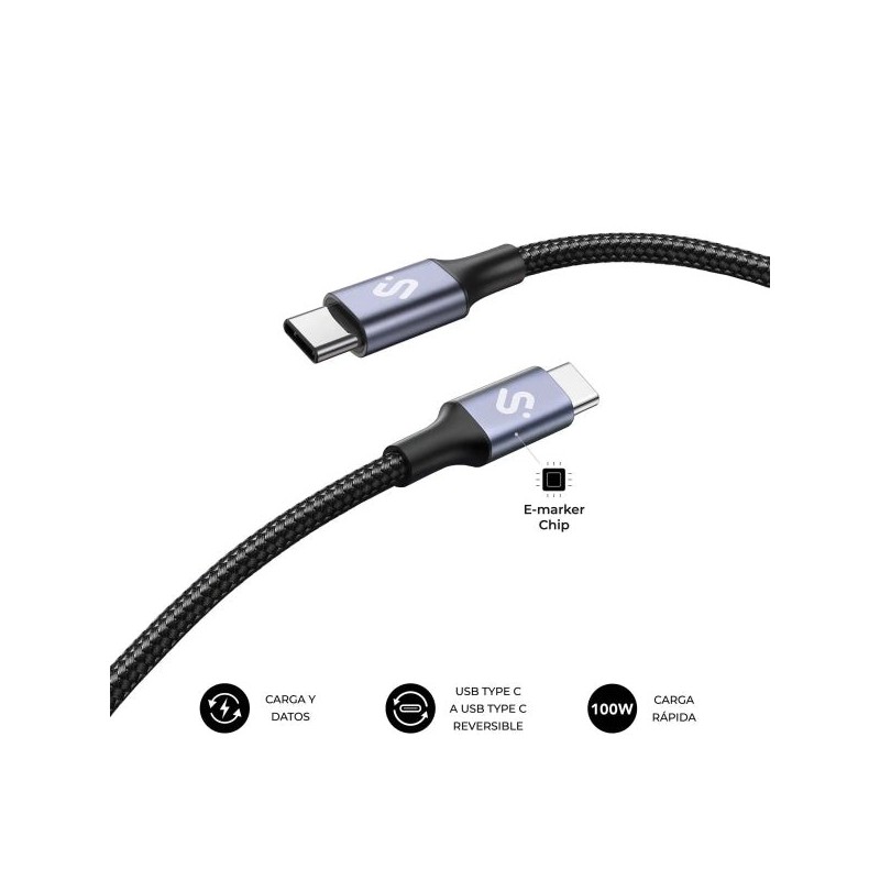Subblim Câble Plus USB-C - 100W - Nylon Tressé - 480Mbps - Puce E-Marker - 2 Mètres - Couleur Noir