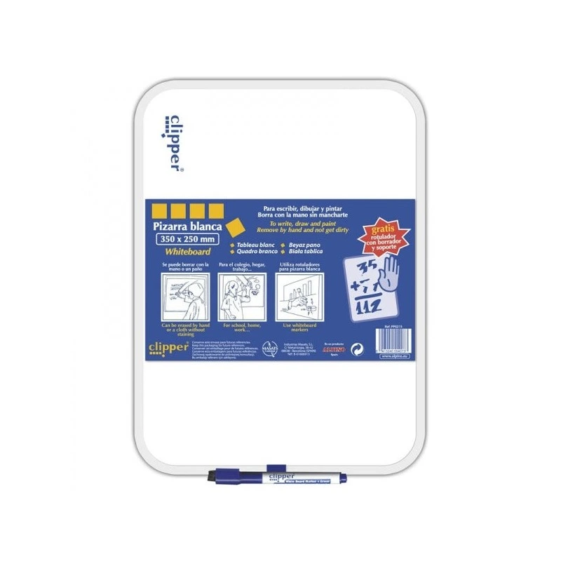 Alpino Clipper Pizarra Blanca 35x25cm - Una Cara Blanca y otra con Cuadricula - Borrado en Seco - Incluye Rotulador con