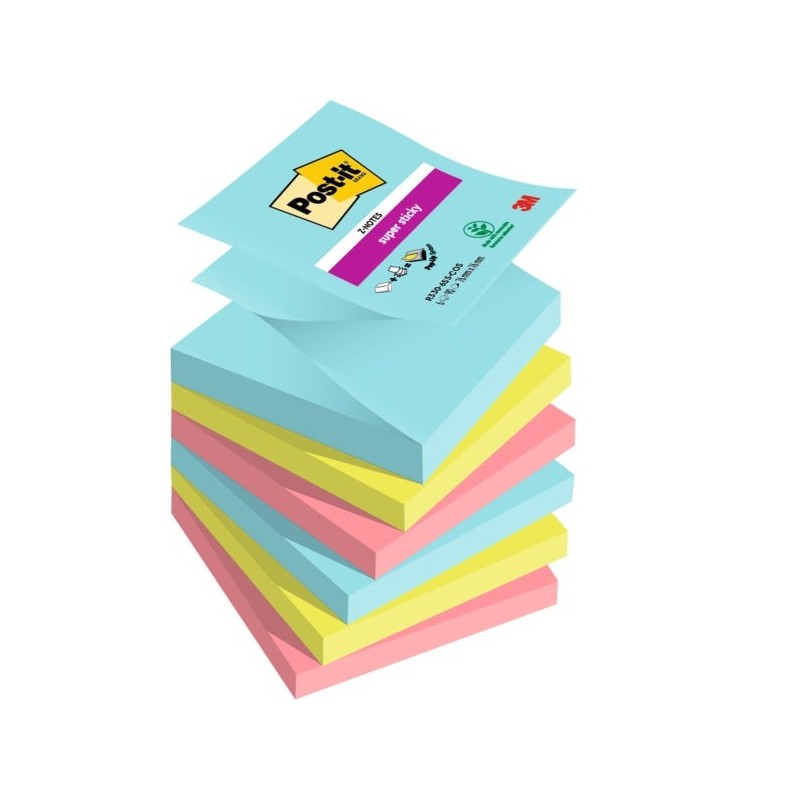 Post-It Super Sticky Pack de 6 Blocos de 90 Notas Autocolantes Reposicionáveis - Forma Quadrada - 76x76mm - em Zig-Zag - Cores