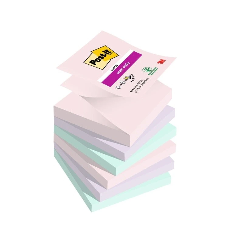 Post-It Super Sticky Pack de 6 Blocs de 90 Notes Adhésives Repositionnables - Forme Carrée - 76x76mm - en Zig-Zag - Couleurs