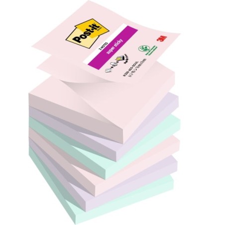 Post-It Super Sticky Pack of 6 Pads of 90 Repositionable Sticky Notes - Square Shape - 76x76mm - in Zig-Zag - Assorted Colours