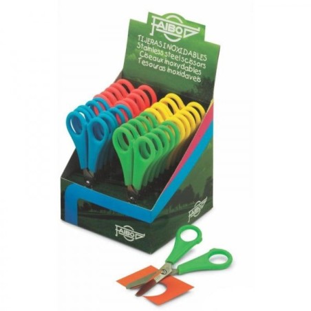 Faibo Présentoir de 20 Ciseaux Scolaires 13cm - Pointe Ronde - Acier Inoxydable - Couleurs Assorties