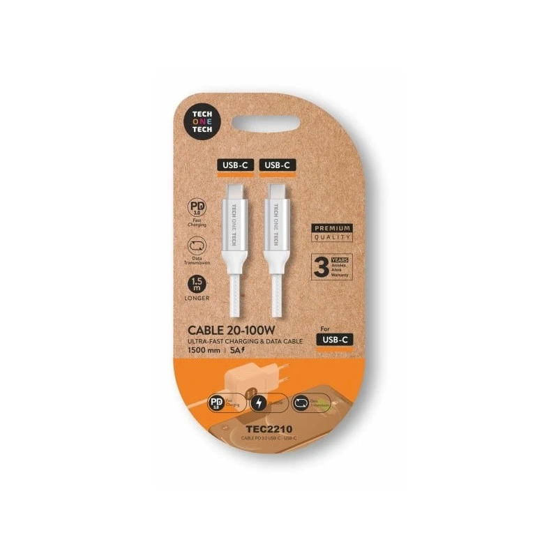 TechOneTech Cable USB-C Macho a USB-C Macho 1m - Recubierto de Nylon Trenzado Blanco