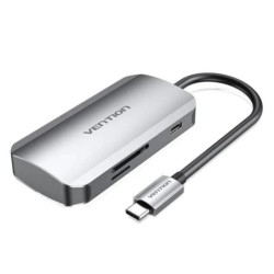 Vention 6-in-1 Hub USB-C to 3x USB3.0, SD/MicroSD Card Reader, USB-C PD100W - Cable Length 0.15m - Grey Colour