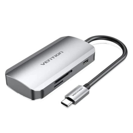 Vention 6-in-1 Hub USB-C to 3x USB3.0, SD/MicroSD Card Reader, USB-C PD100W - Cable Length 0.15m - Grey Colour
