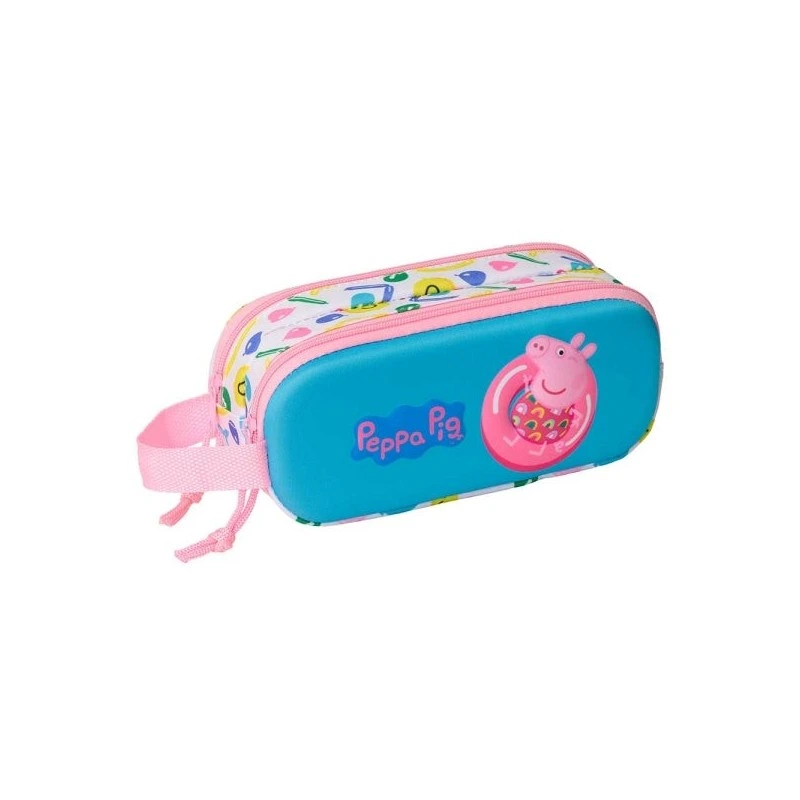 Safta Peppa Pig Trousse Multi-usages 3D de 1L - 2 Compartiments - Fermeture Éclair - Poignée - 21x8x6cm - Couleur Blanc et Bleu