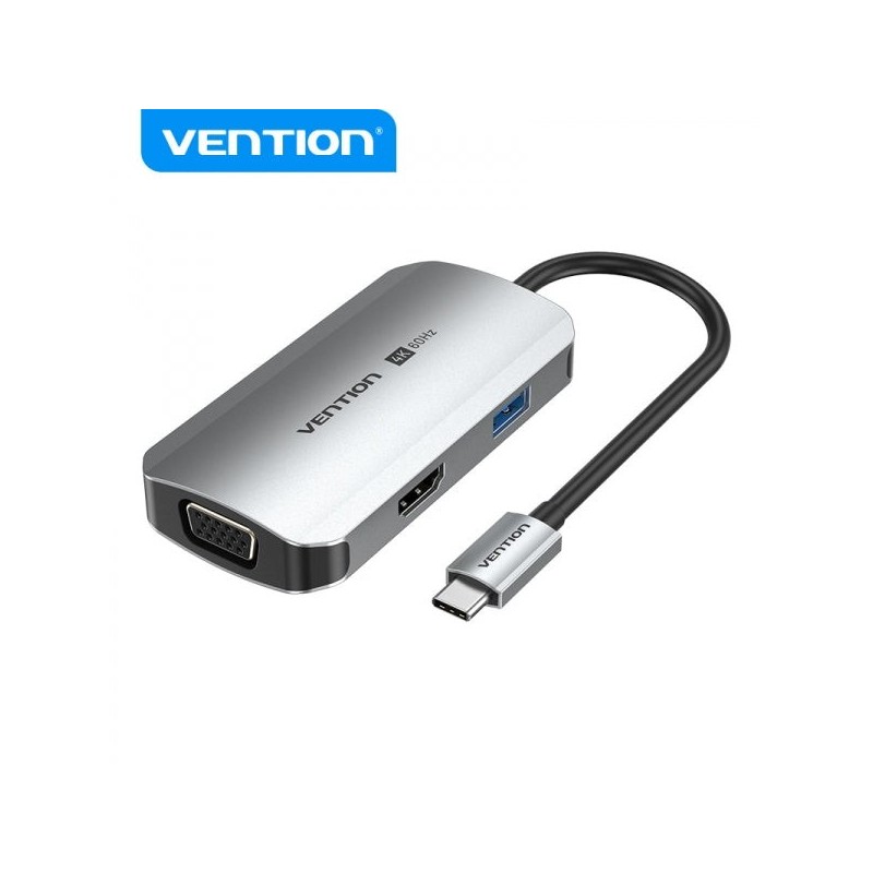 Vention Docking Station 4 en 1 USB-C a HDMI 4K/VGA/USB 3.0/PD - 0.15m - Aluminio Gris